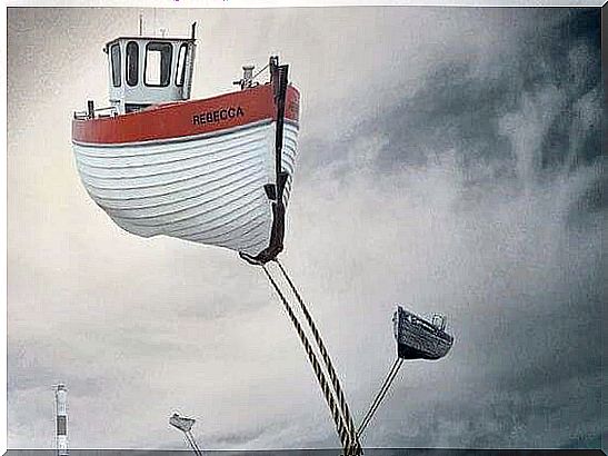 Boat tied to a rope floating in the air