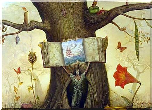 Man coming out of a tree with a book in his hands because he wants to take a deep breath and tell his story, but sometimes silence is better