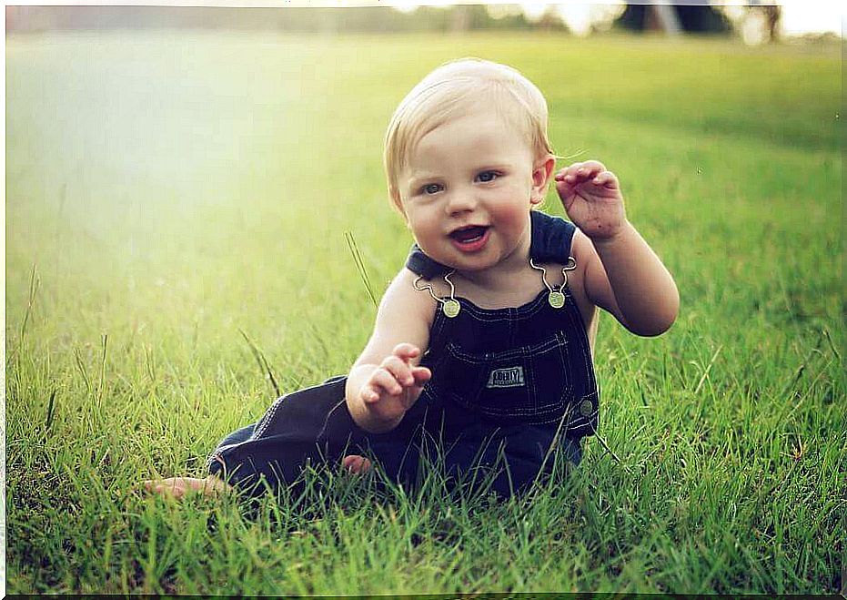 Little boy in the grass, because babies learn everything at a young age