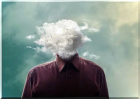 Man with clouds instead of a head, who has to make himself happy again