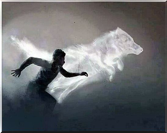 Man Runs With Shadow Of Wolf