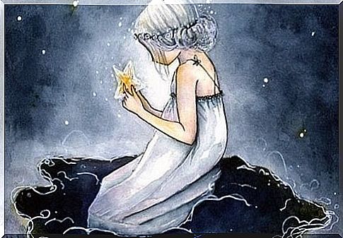 White-haired girl in a white nightgown holding a star because she wants to avoid loneliness