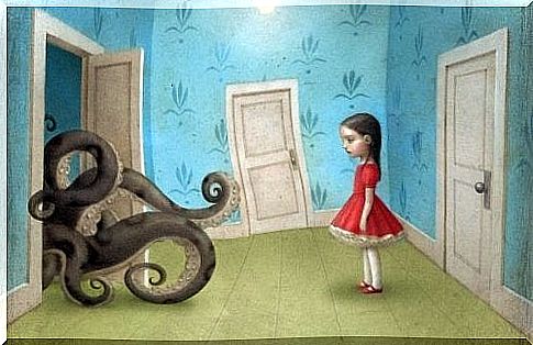 Girl watching an octopus try to slip out of her room